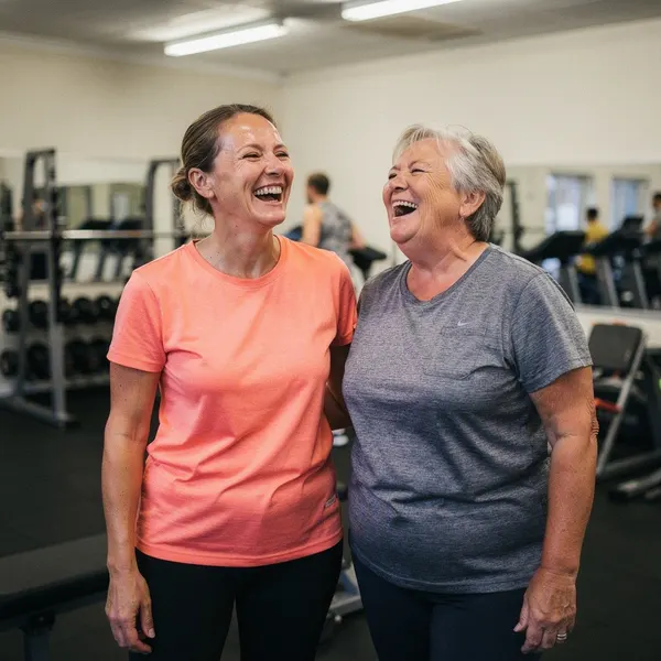 Two women in their fifties laughing together between sets at a community gym