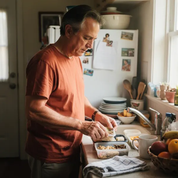 A man in his fifties packing lunches in his kitchen